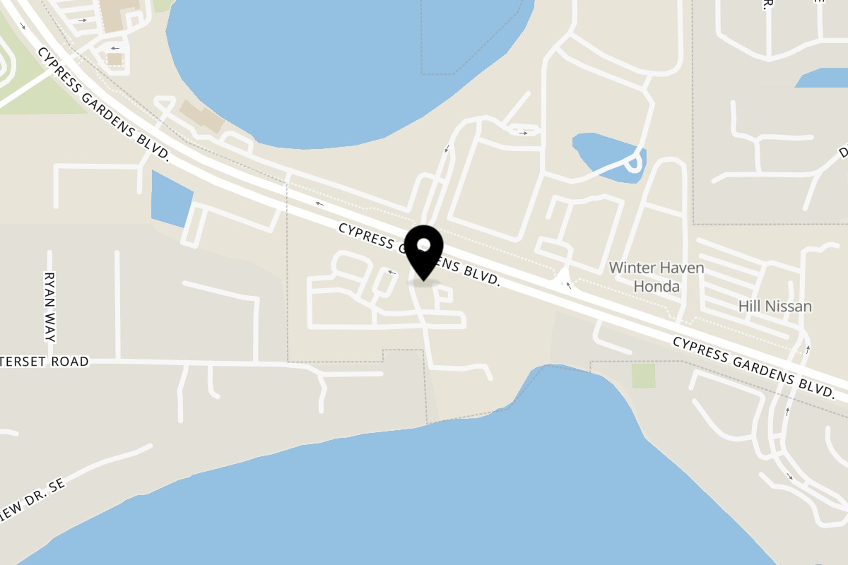 Map showing the location of The Krazy Greek on 6366 Cypress Gardens Blvd in Winter Haven